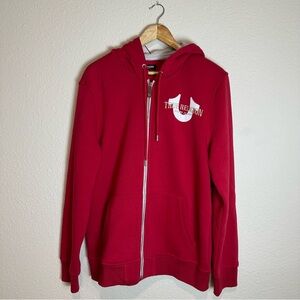 True Religion Men’s Red Zip-Up Hoodie Size Large